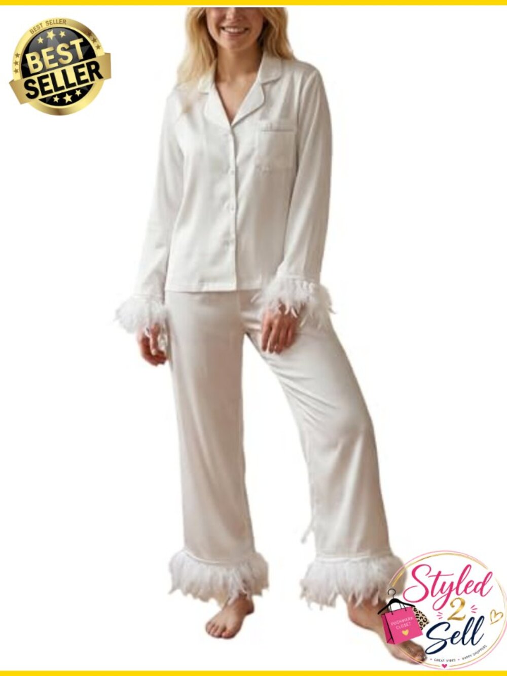 Satin Pajama Set Feather Trim Long Sleeve Button Down Shirt and Pants Lounge